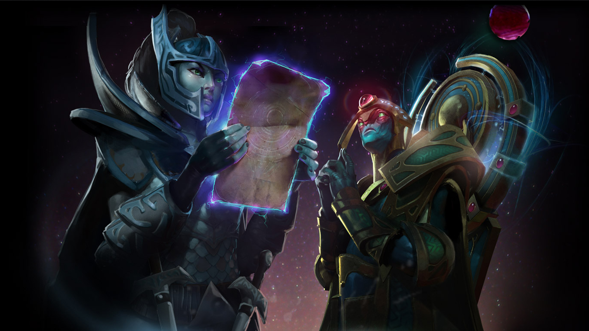 Phantom Assassin and Oracle ponder over a scroll in Dota 2.