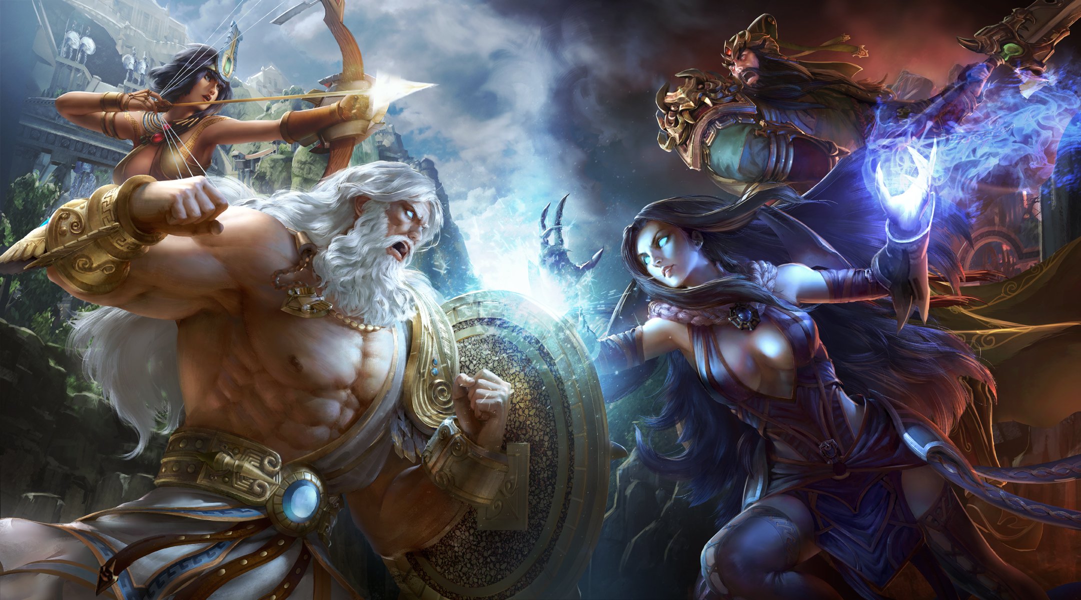 A selection of gods facing off in battle in Smite.