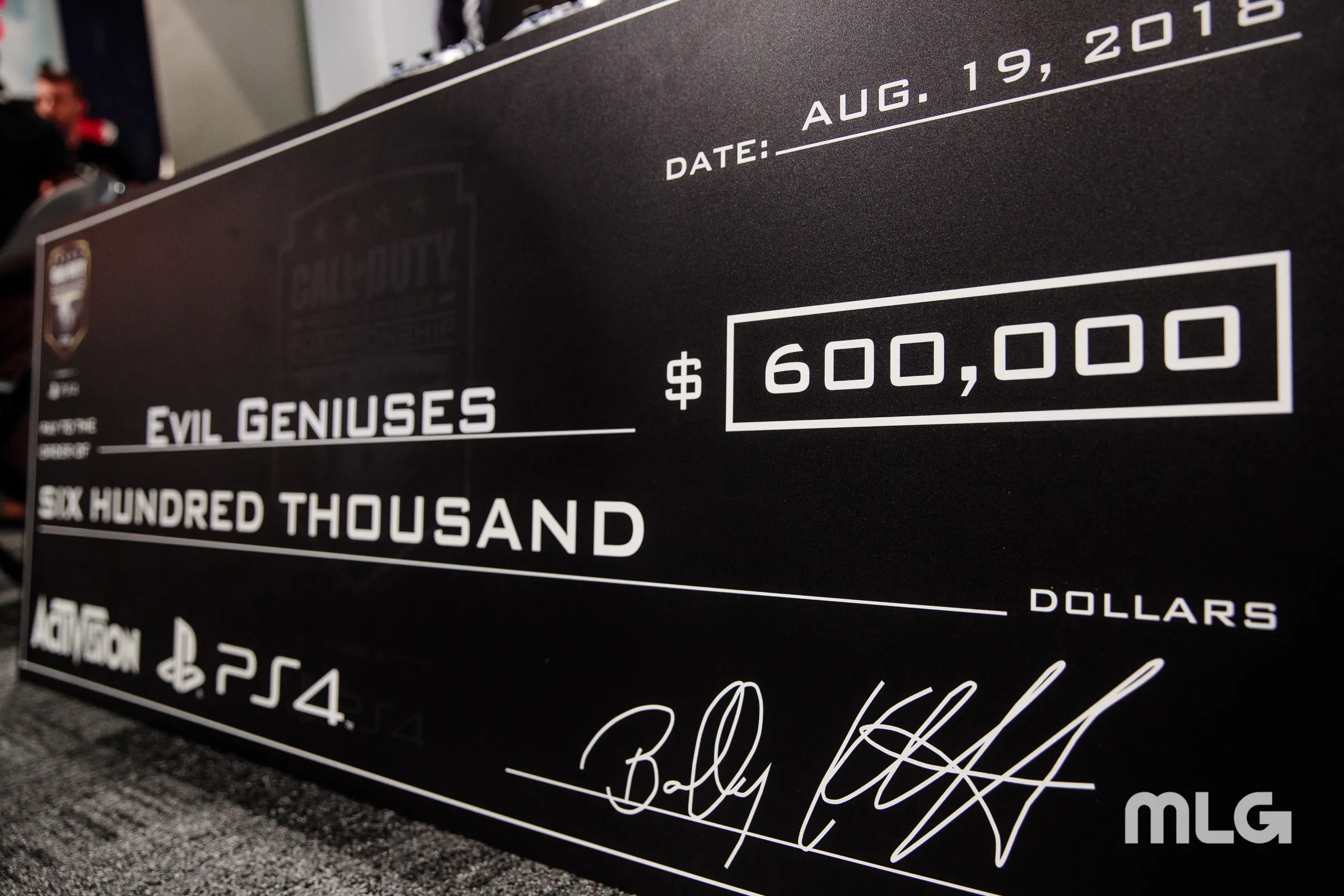The first-place check for Evil Geniuses at CoD Champs 2018.