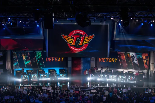 A photo of SK Telecom T1 competing at a League of Legends tournament.