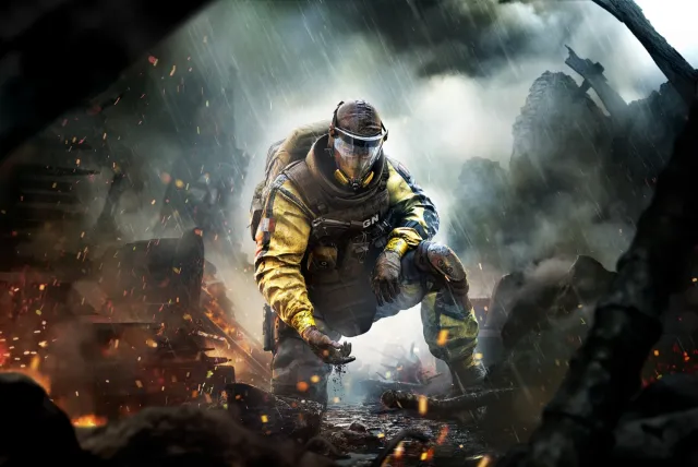 Lion from Rainbow Six Siege crouching in the ground as smoke and fire circle him.