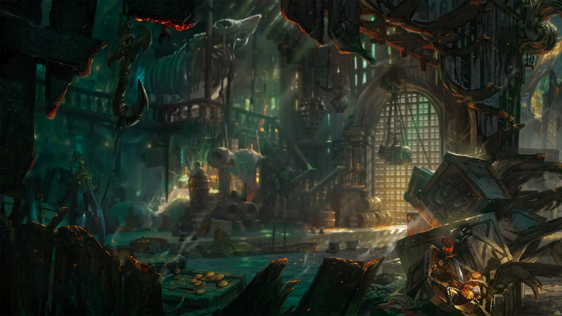 Bilgewater Event in League of Legends' key art -- a harbor shown in dark green coloring from the view of an interior cave
