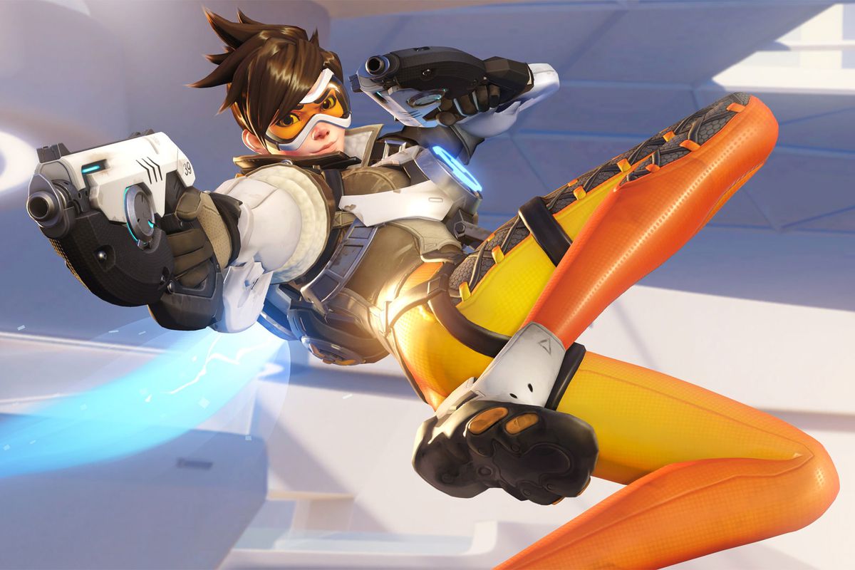 Promotional art for Tracer as she appears in the original Overwatch.