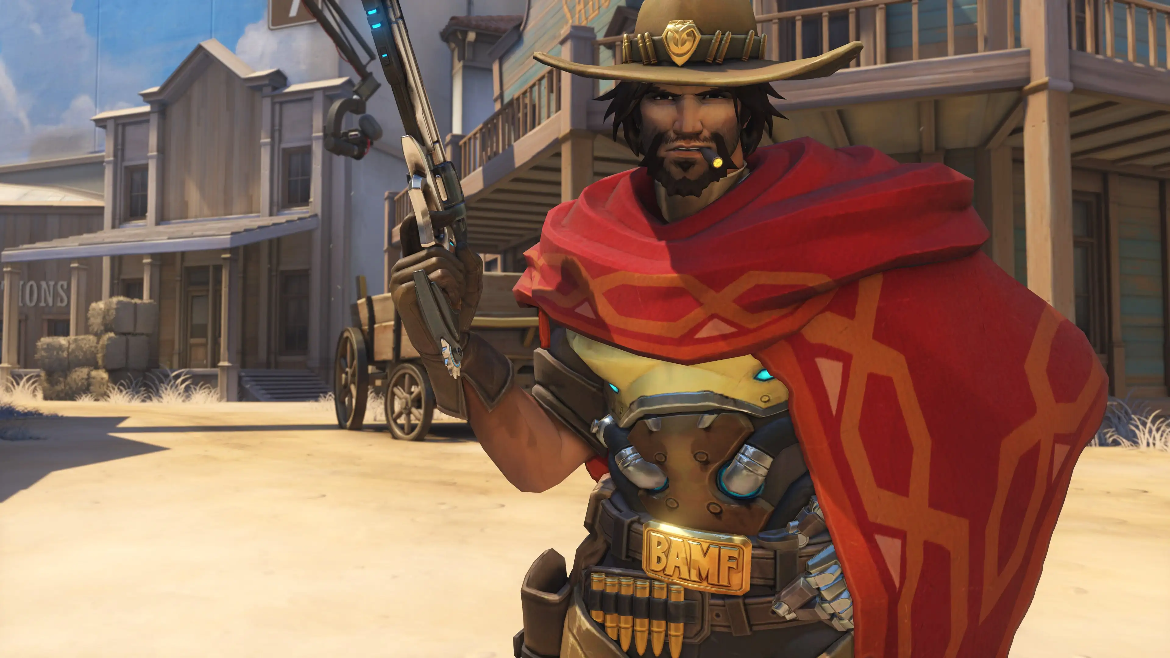 Overwatch hero McCree in a seemingly Wild West setting.