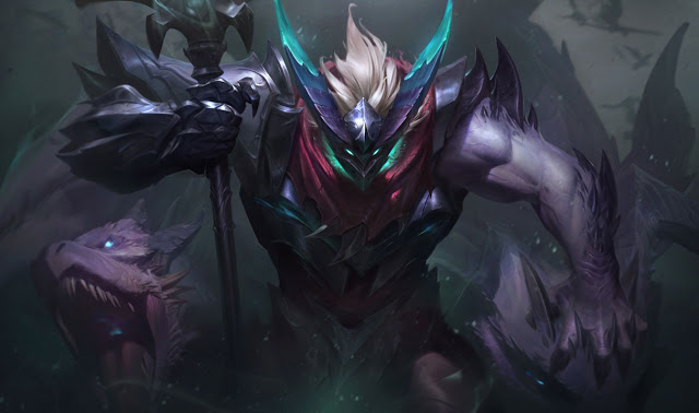 Mordekaiser skin with him wearing armor, reclining on his mace and looking up.