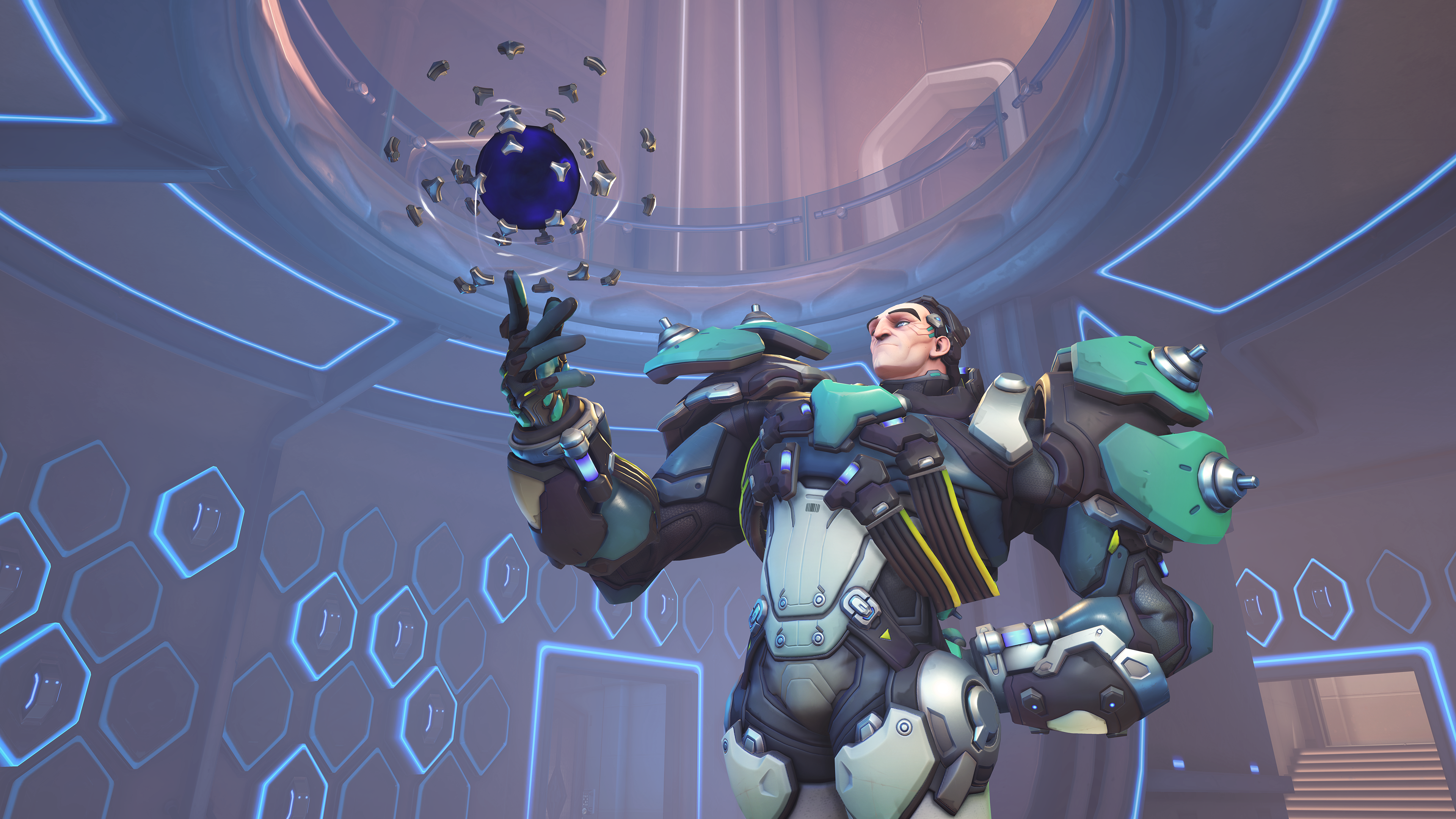 Sigma from Overwatch 2 looks at a deconstructed sphere, floating above his hands.