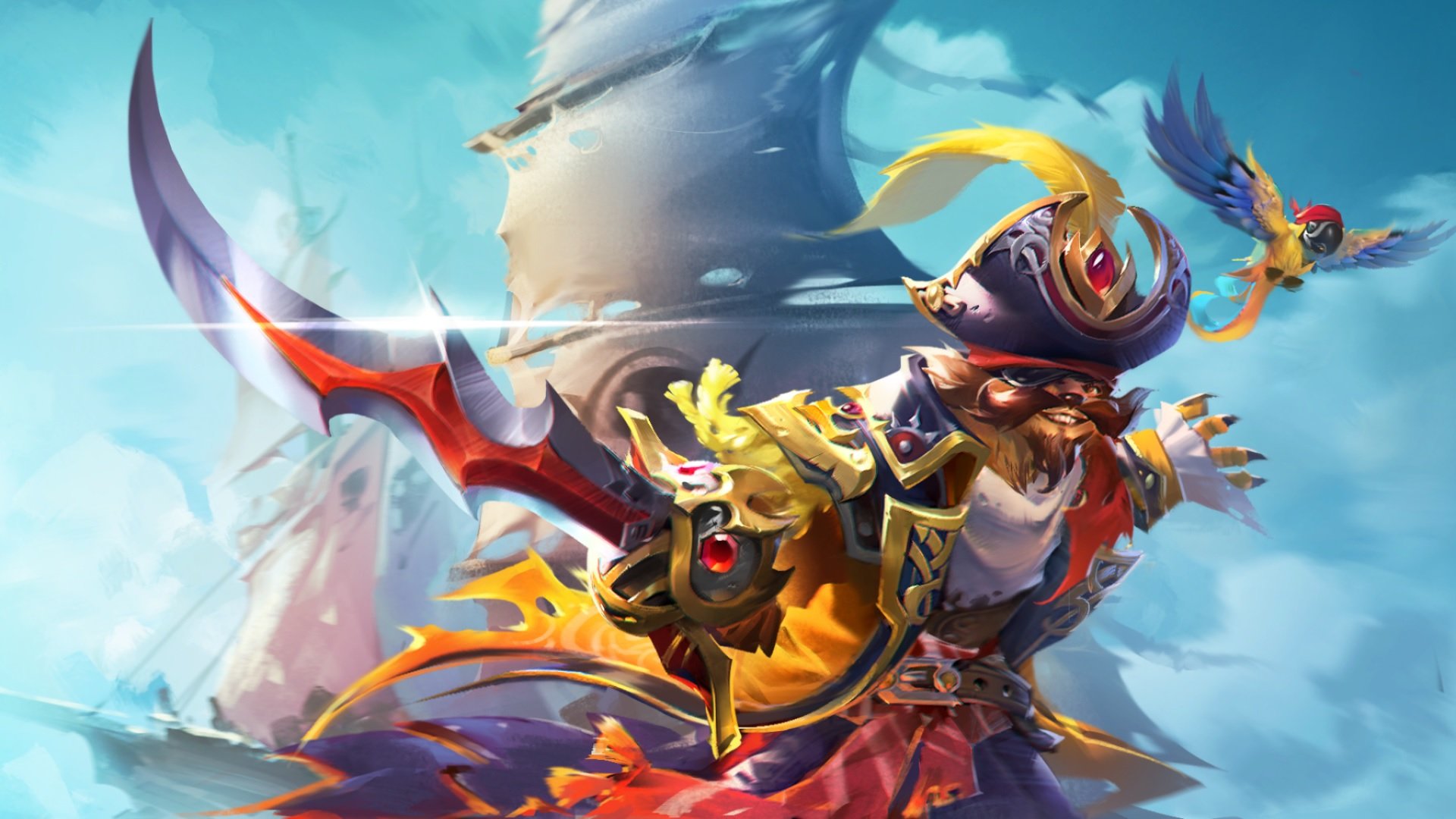 Pangolier, from Dota 2, dressed like a pirate holding a sword with a parrot flying in the background.