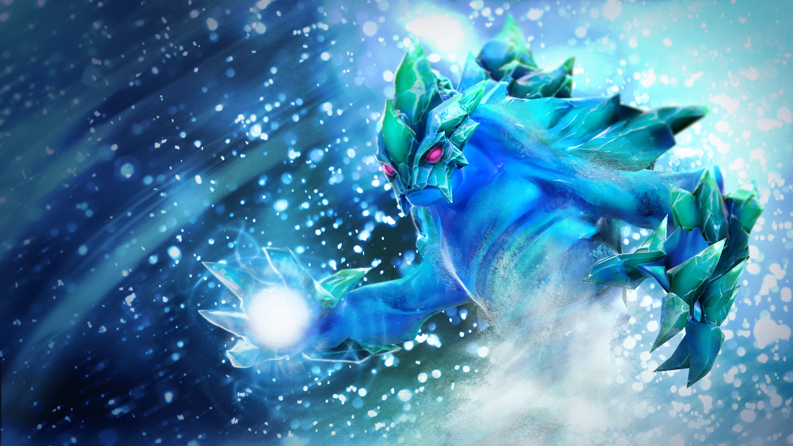 An elemental figure of water and ice charges forward holding an orb of blue light.