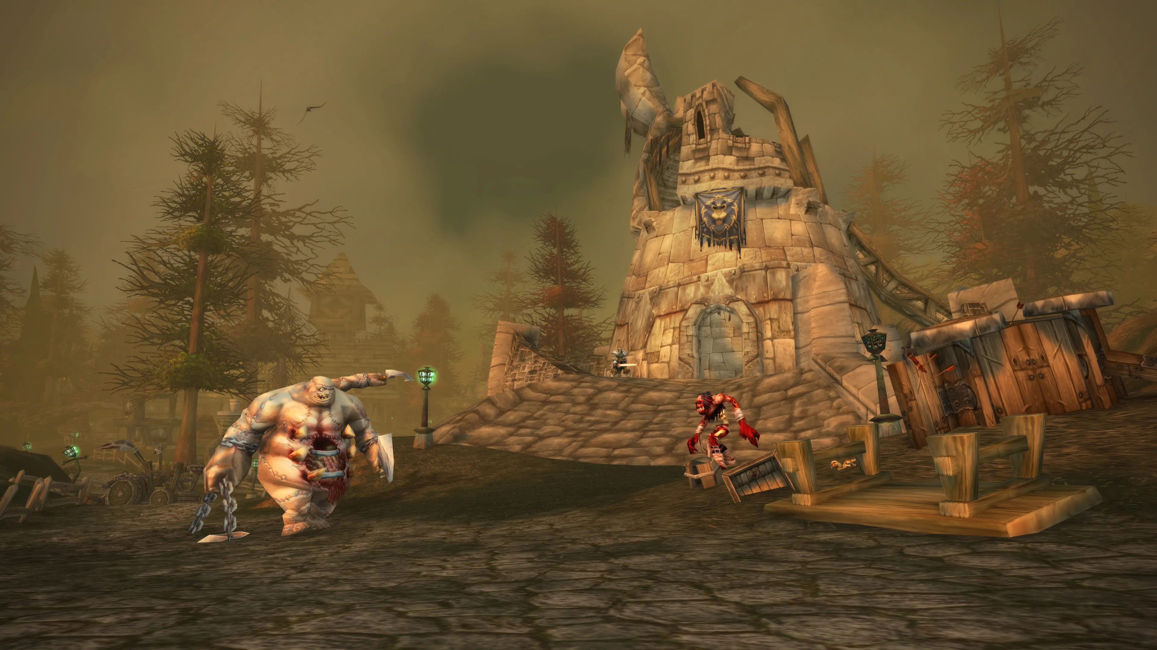 A view of Andorhal in WoW Classic. In the foreground is a Scourge abomination approaching a ruined castle, backdropped by a gray-yellow sky.
