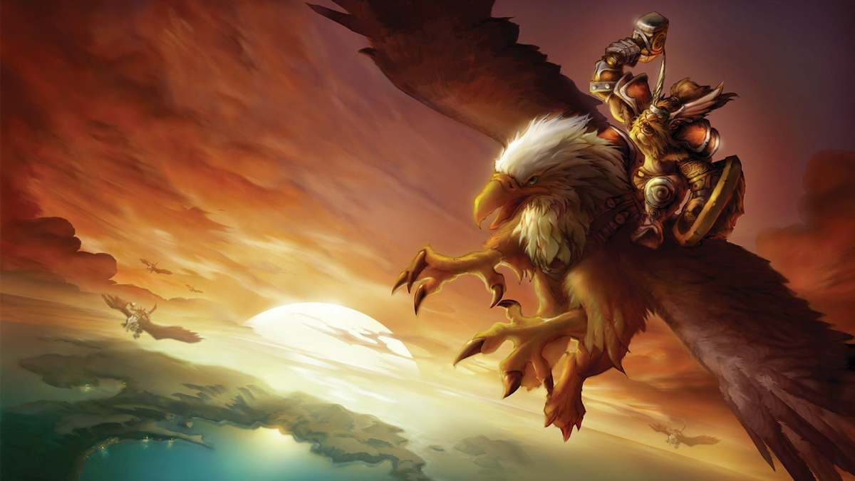 WoW Classic promo art of a Wildhammer Dwarf flying on a gryphon over the Wetlands. This image is also a well-known loading screen in-game.