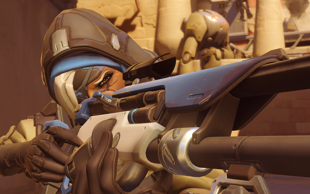 Ana aims down the sights of her sniper rifle.