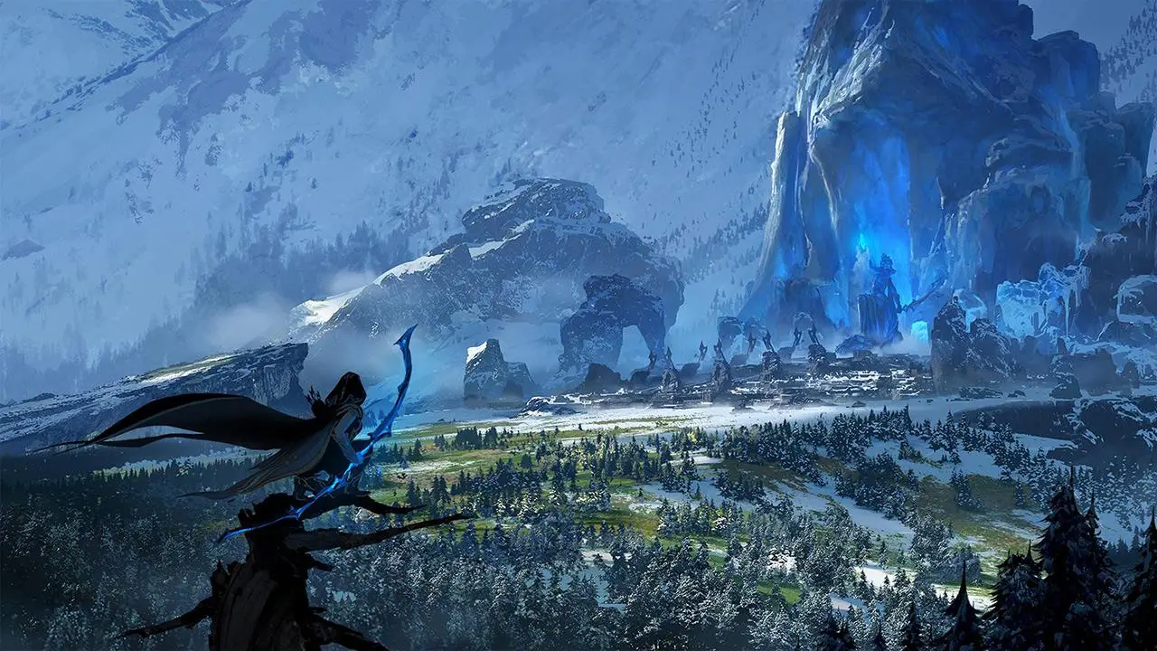 Ashe overlooking the Freljord from the universe of League of Legends