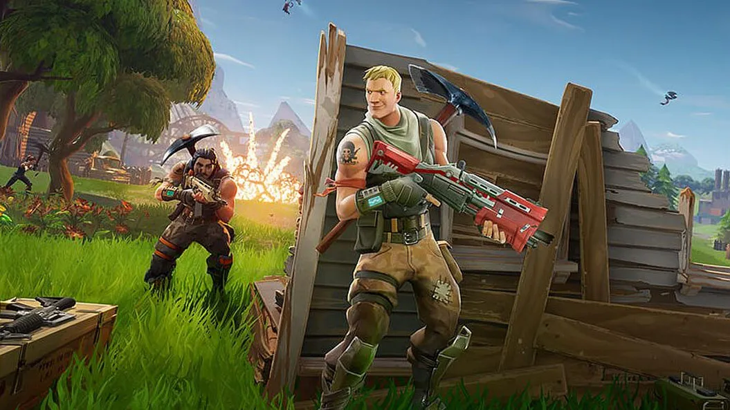 Fortnite image of a player hiding behind a wooden wall waiting to ambush.