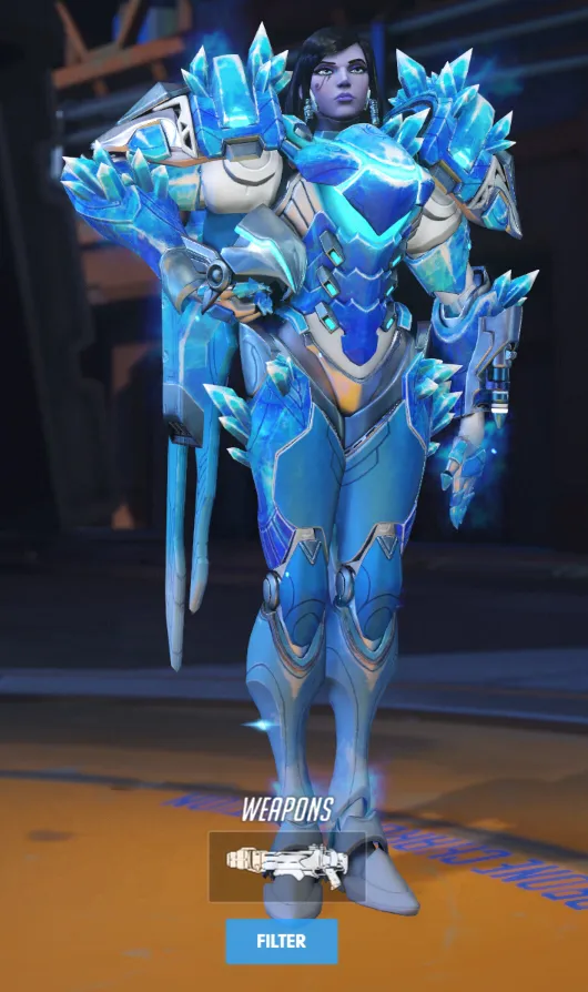Pharah wears a frozen blue skin with icicles.