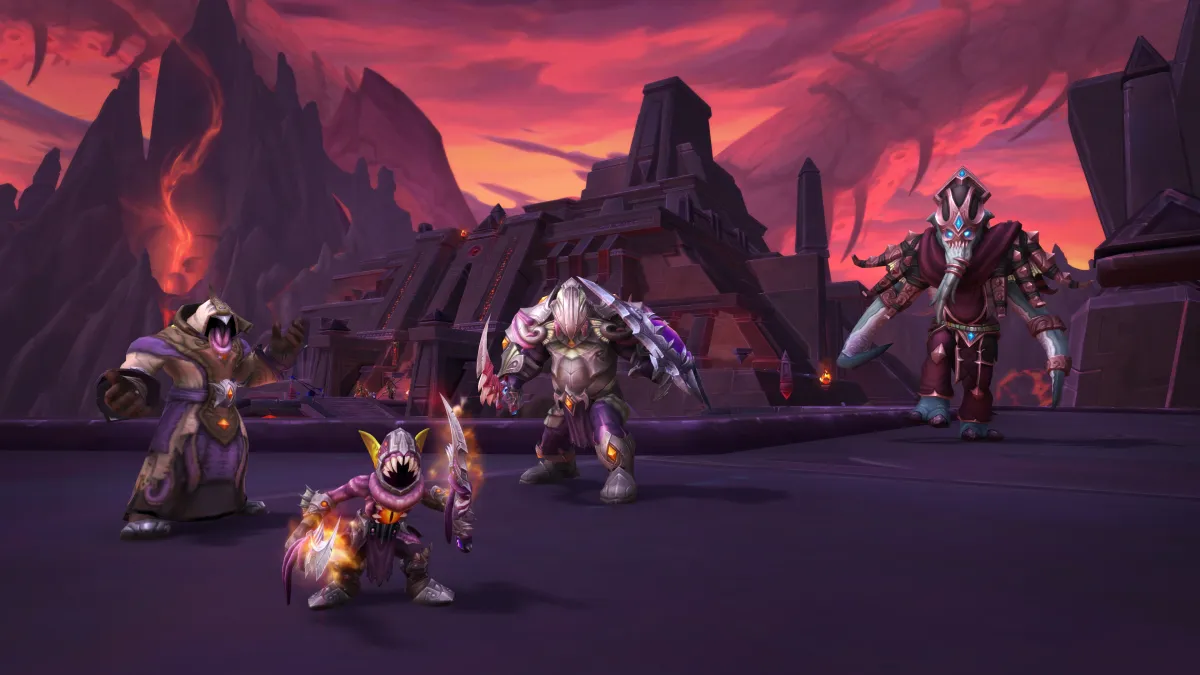 A promotional image for WoW Battle for Azeroth Patch 8.3 Visions of N'Zoth, featuring minions of the Old Gods roaming the Waking City of Ny'alotha.