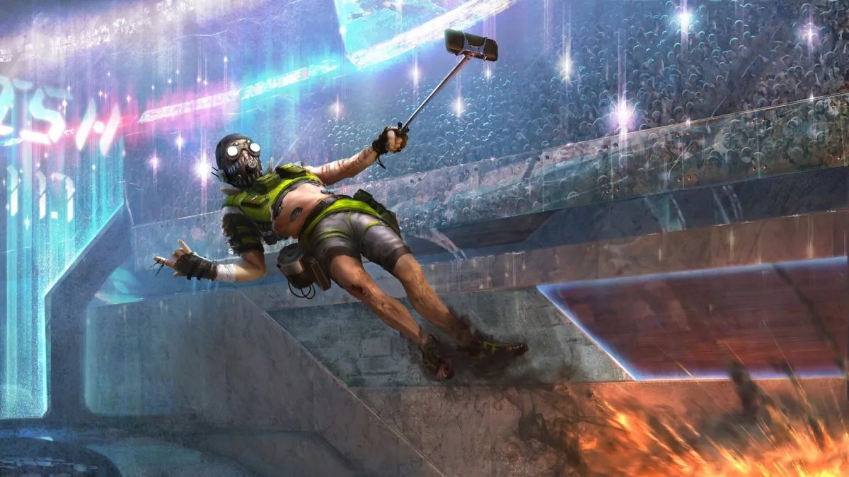 Apex Legend Octane taking a selfie after being blasted through the air.