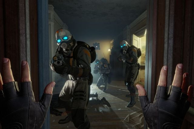 Soldiers move through a destroyed building while wearing masks, pointing their weapons at a person with their hands up in Half-Life: Alyx.