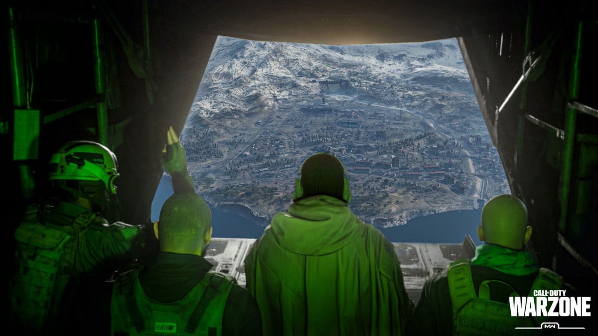 Call of Duty players sitting in the back of a plane looking at the Verdansk map.