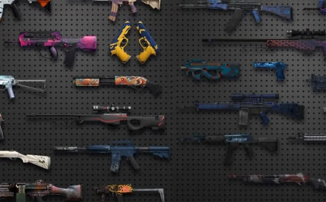 An assortment of Counter-Strike weapons on a wall with different paint finishes.
