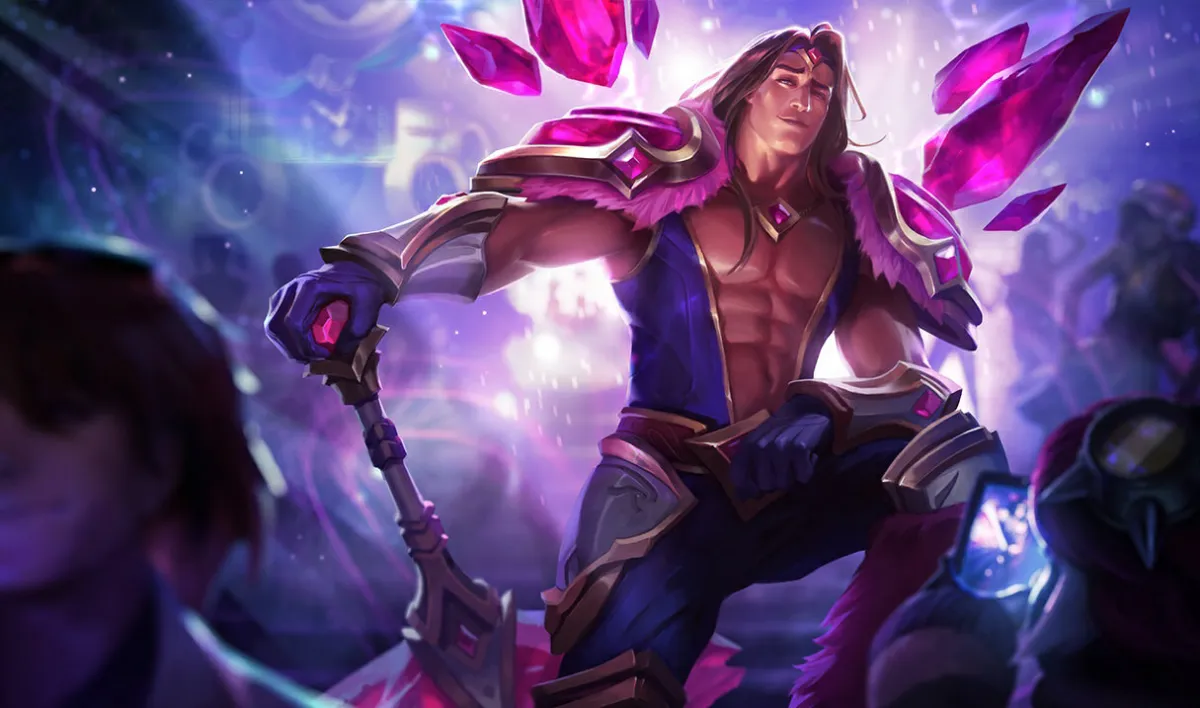 Taric, posing with his sword, with pink gems and energy swirling around him in League of Legends.