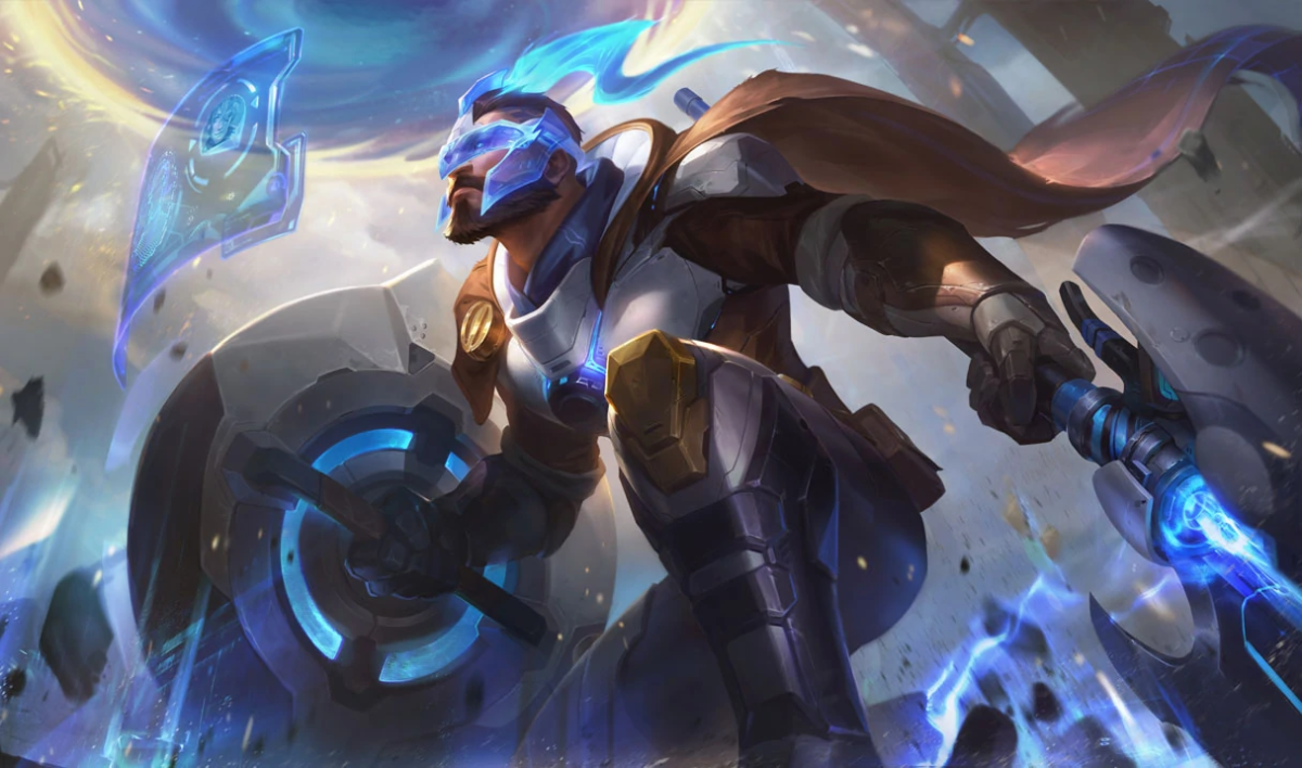 Pulsfire Pantheon wields an energy blade and steel shield in League of Legends