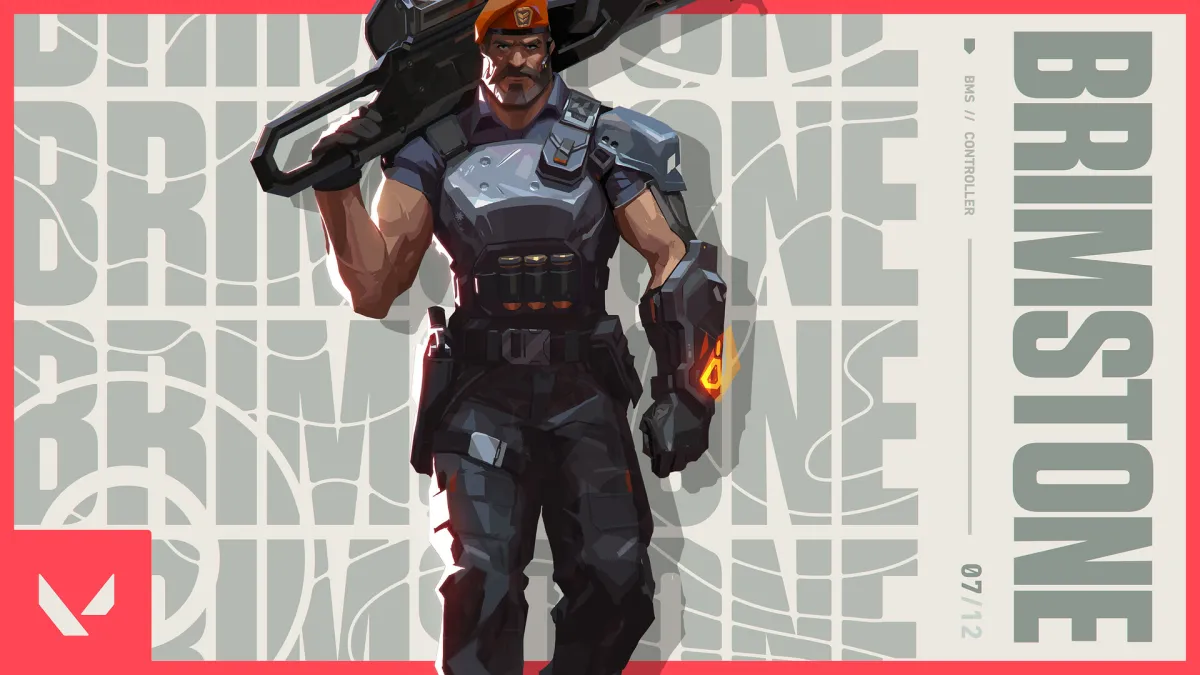 The splash art for Brimstone. He's holding a gun over his shoulder and looking very serious.