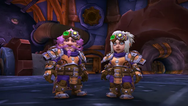 Two Gnomes in full Gnomeregan armor standing side by side in WoW.