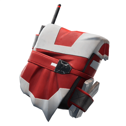 A red and white backpack with an antenna coming out of its side.