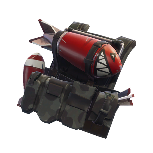 A Fortnite back bling with a red rocket with a grin drawn on its tip.