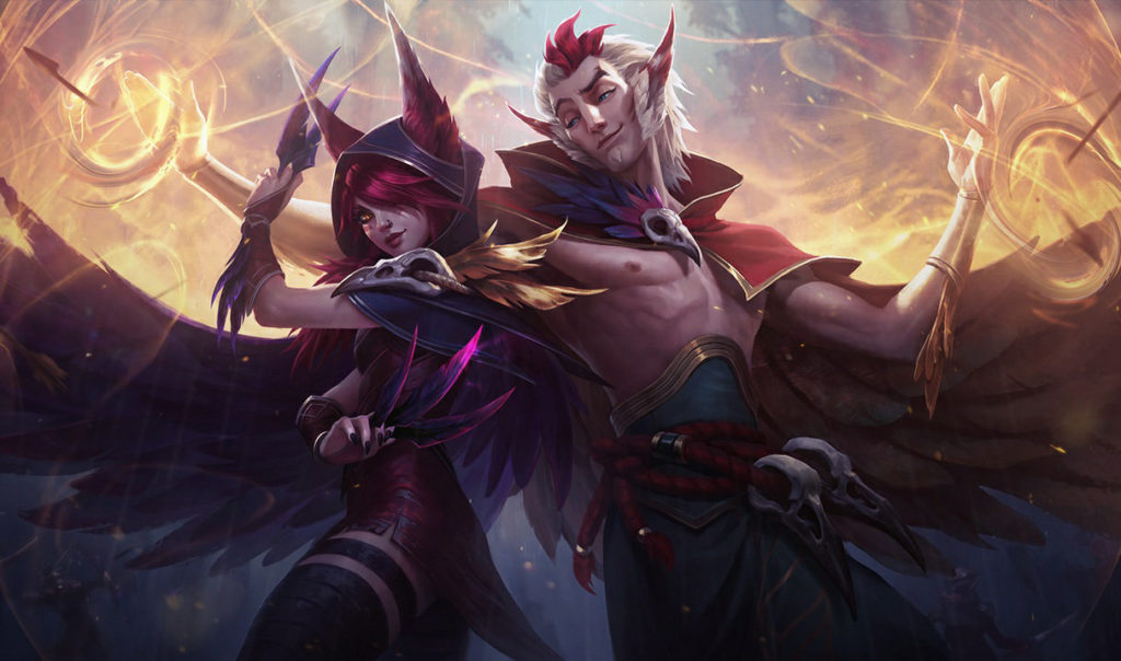 League of Legends champions Rakan and Xayah in official artwork standing back to back.