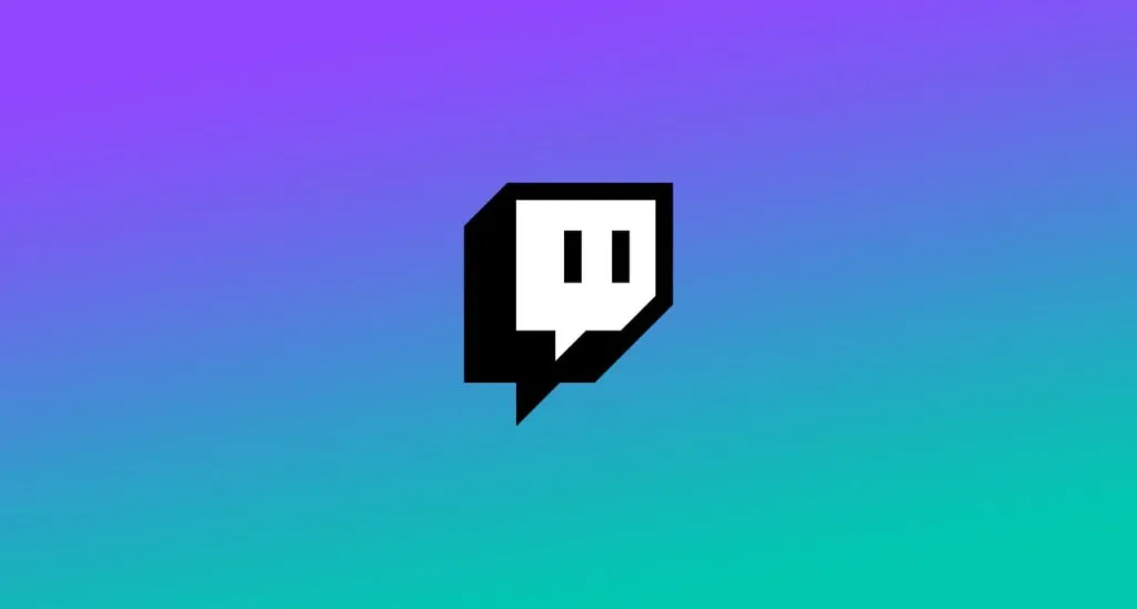 The Twitch logo on a purple and teal background.