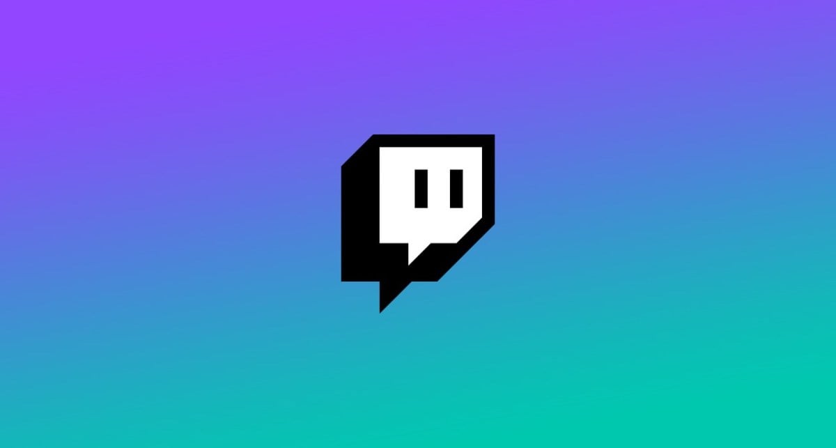 The Twitch logo on a purple and teal background.
