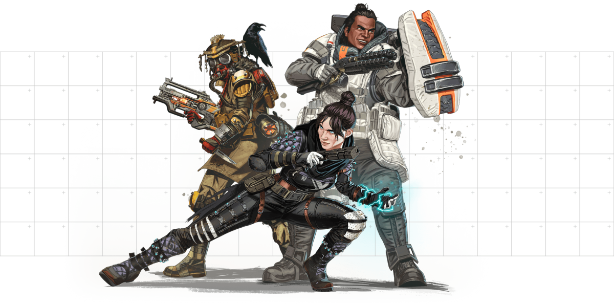 Apex characters Bloodhound, Gibraltar, and Wraith joining forces.