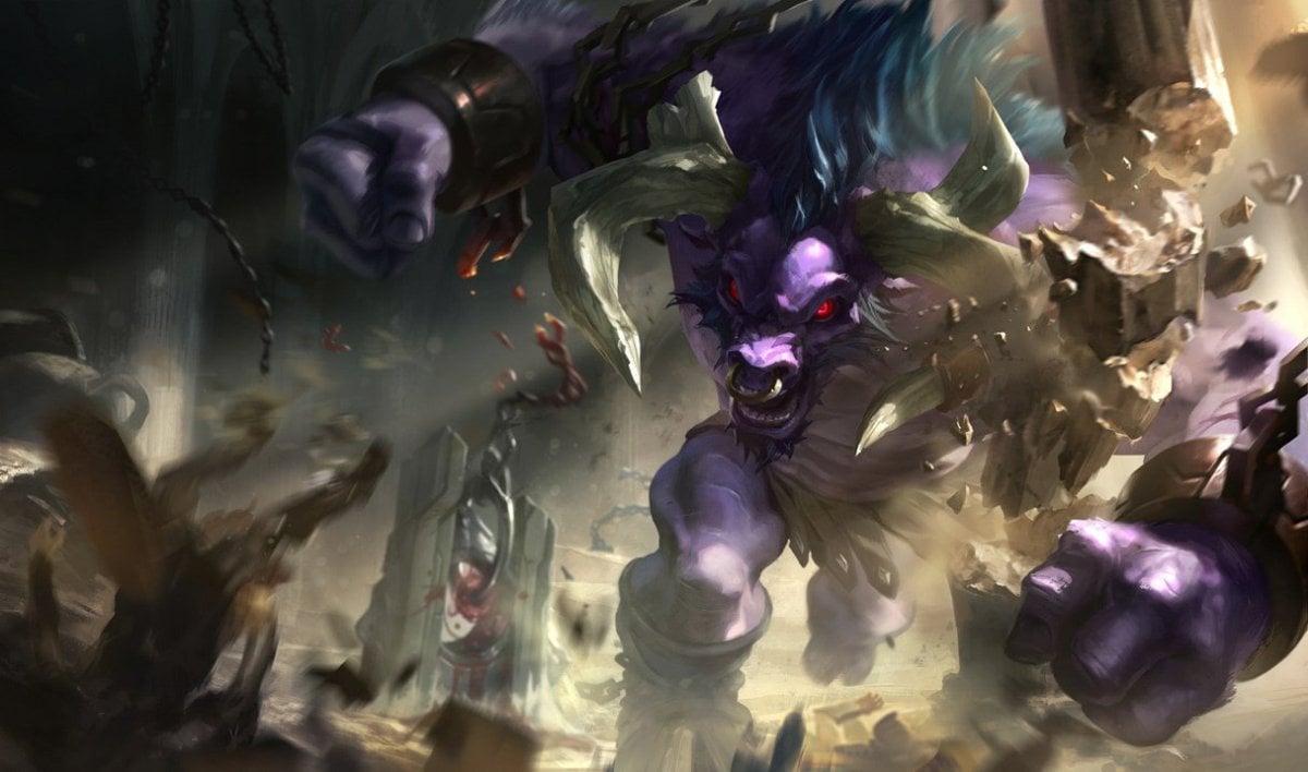 League of Legends champion Alistar in official artwork crashing through stone.