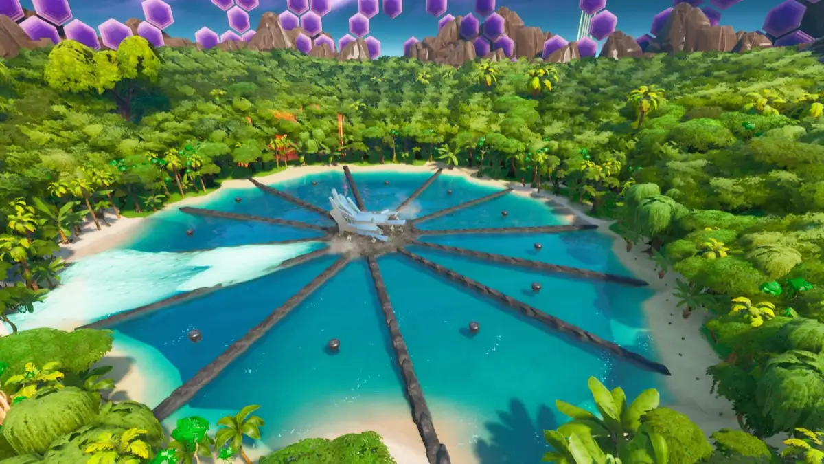 A ship landing in the middle of a lake in Fortnite Wars
