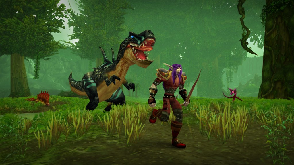 A Night Elf Hunter in WoW Classic being chased by a monstrous devilsaur through Un'goro Crater.