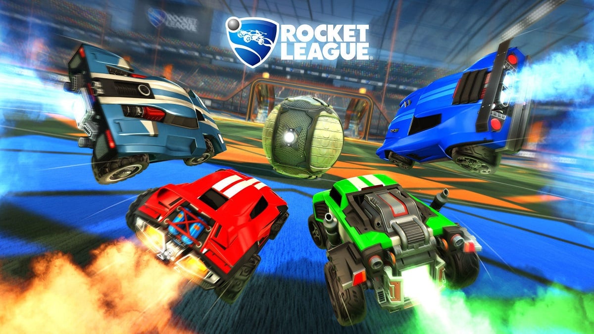 Screenshot of four Rocket League cars boosting toward the ball.