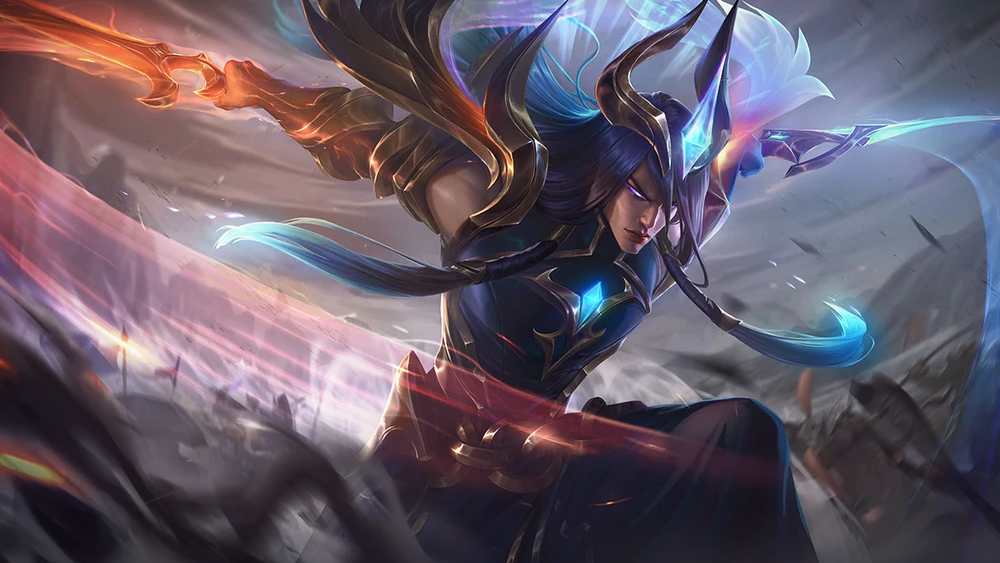 Dawnbringer Yone from League of Legends swipes with his magical blade