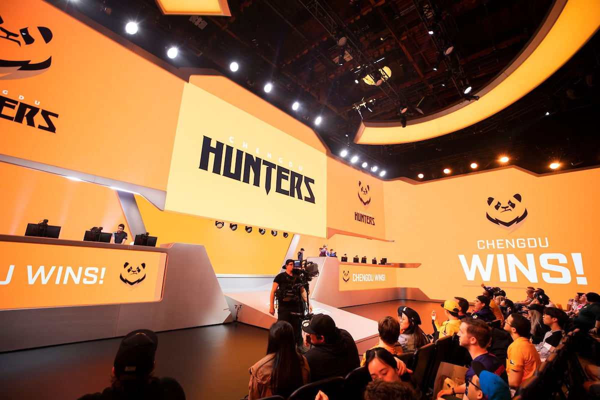 The Chengdu Hunters on stage during the 2020 Overwatch League season.