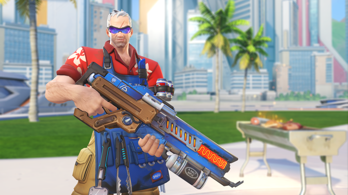 Soldier: 76 poses with his rifle dressed in a floral red button up shirt and cargo shorts.