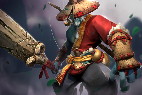 A figure in a red robe and hat stands ready to fight, holding a giant lance.