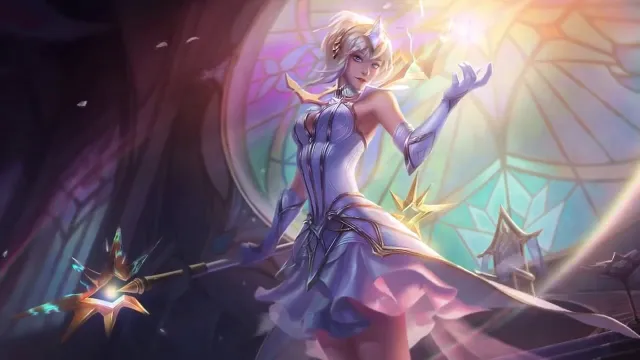 Elementalist Lux from League of Legends casts a rainbow spell in a magical chamber