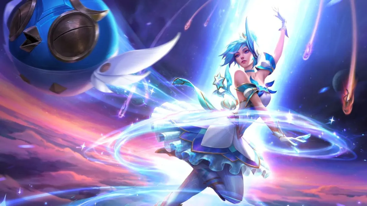 Woman in magical outfit in space with her owl ball in League of Legends.