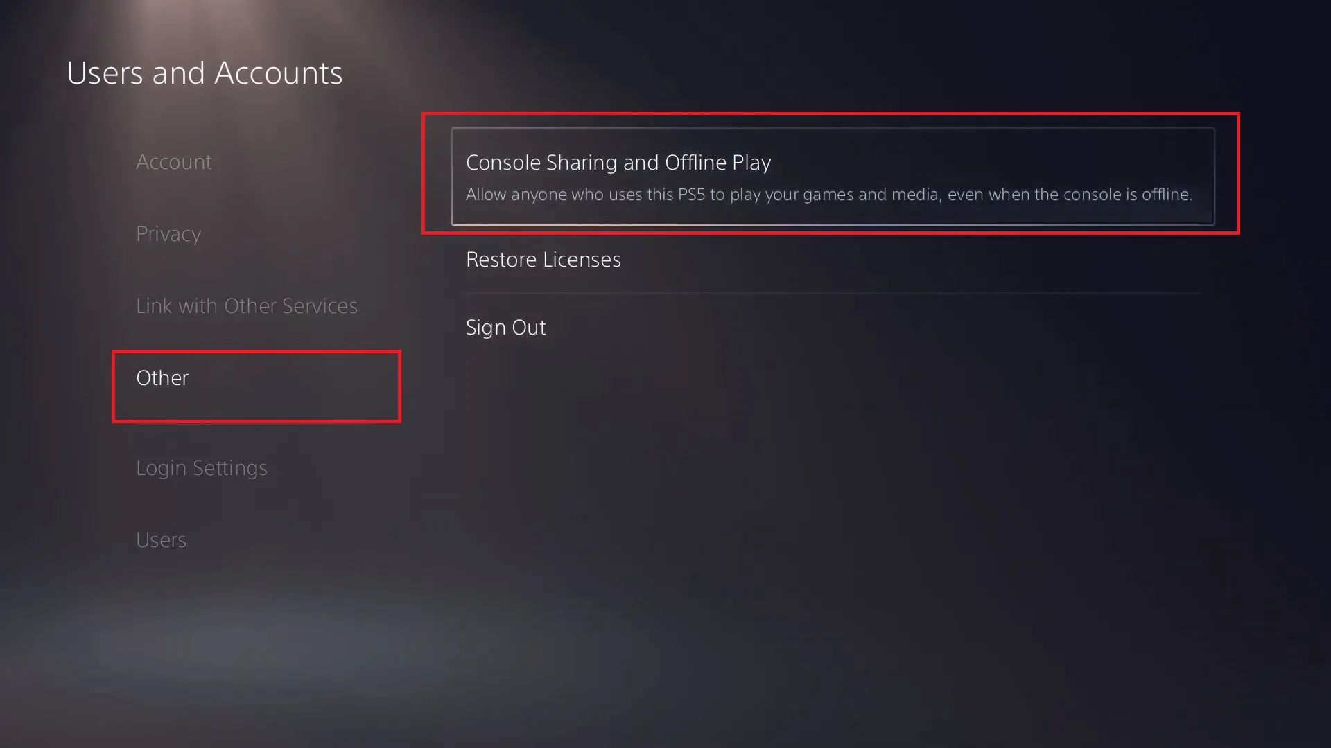 The console sharing screen in the PS5 settings.