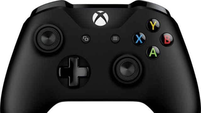 An image of an Xbox One Controller, which can connect to PCs with a wired connection or with a pairing device.