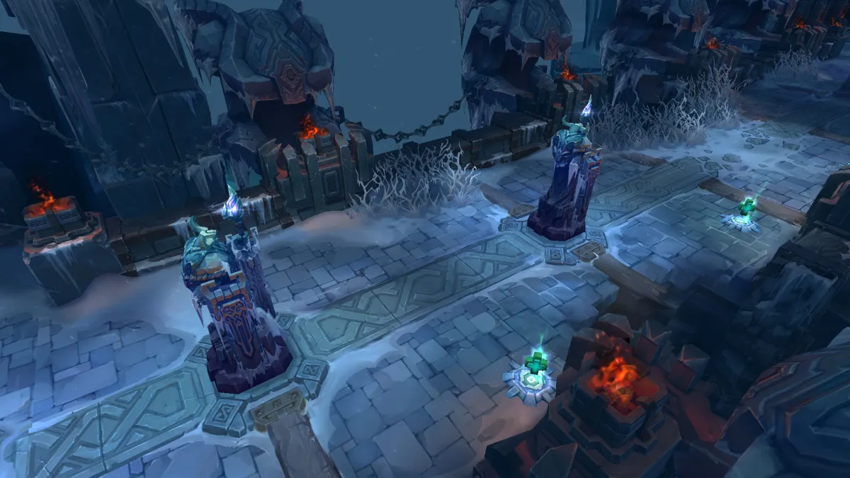 Two towers face each other on the Howling Abyss in League of Legends