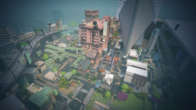 VALORANT map Split, a crowded cityscape with multiple levels of buildings.