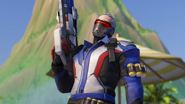 Soldier: 76 from Overwatch 2 holding his gun.