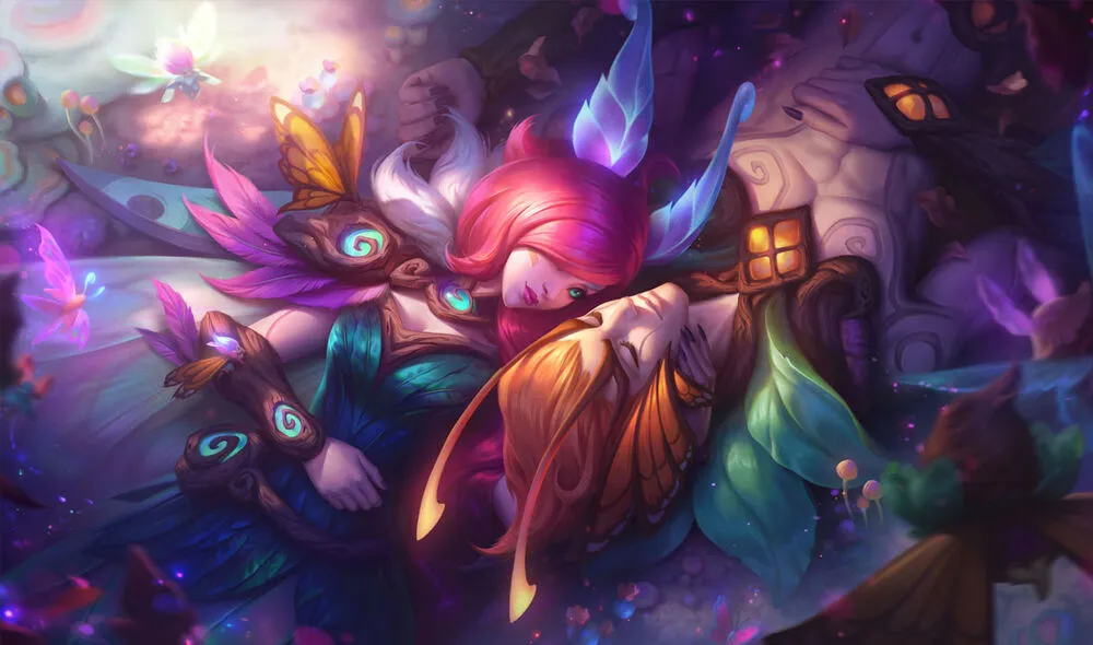 Elderwood Xayah and Rakan laying next to one another, with light from the sun shining on them from the top left of the image.