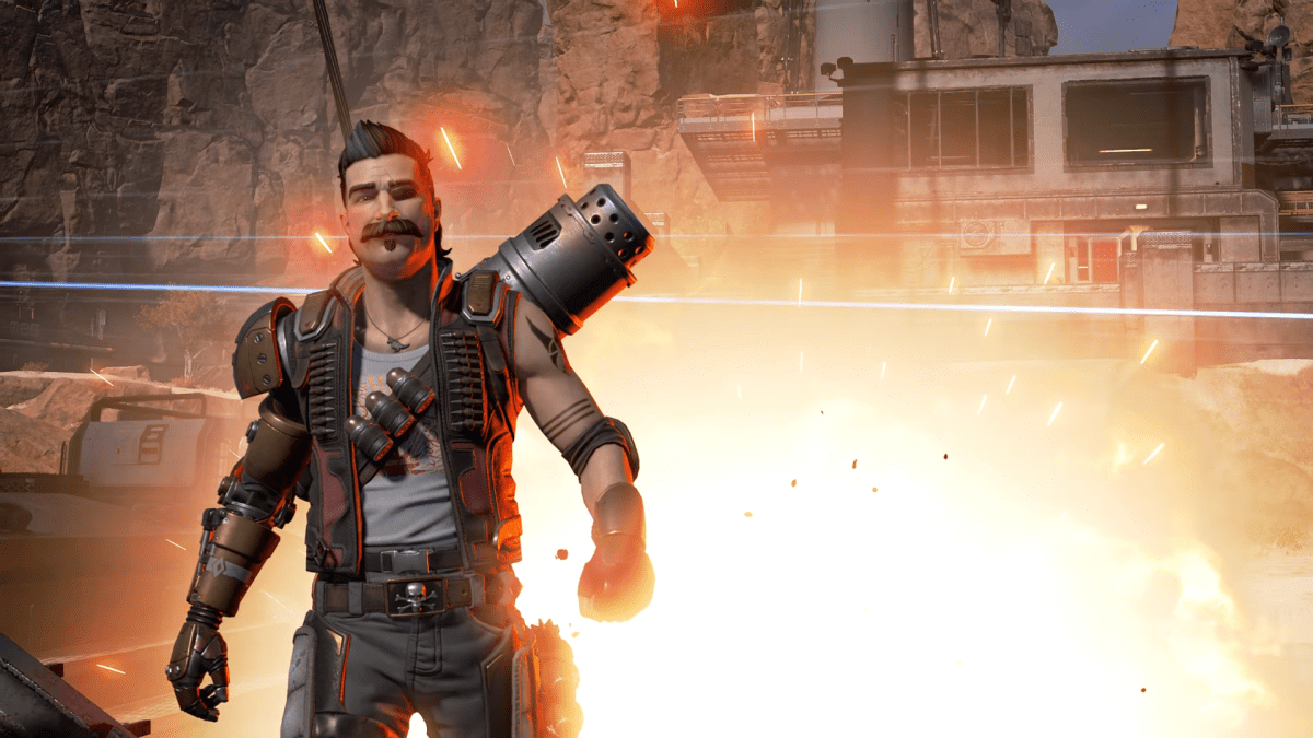 Apex Legends' Fuse with an explosion in the background.